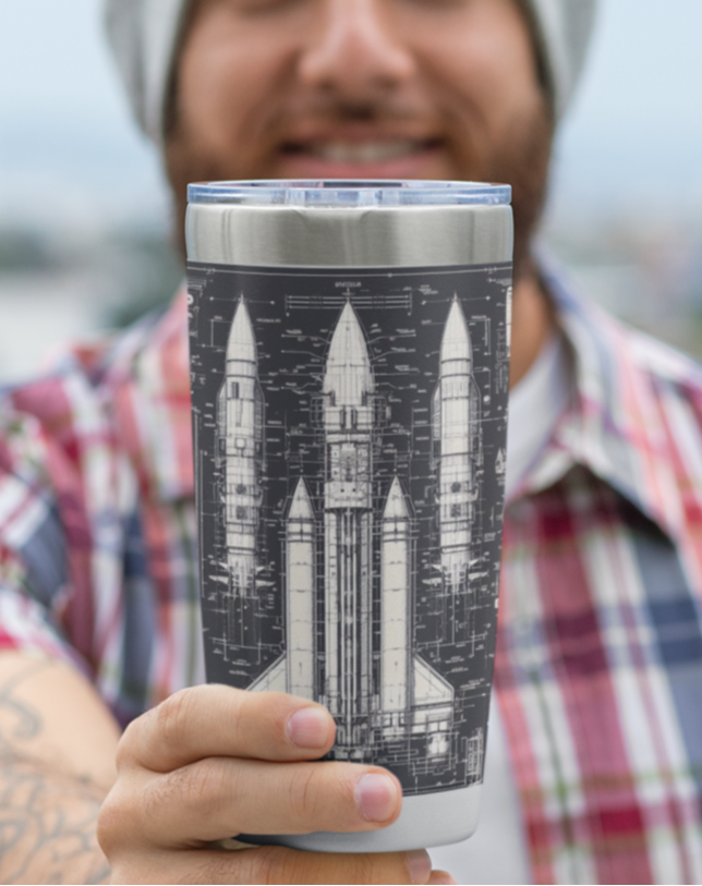 A bearded man showing his Dark Rocket Tumbler
