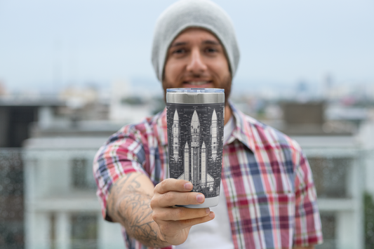 A bearded man showing his Dark Rocket Tumbler